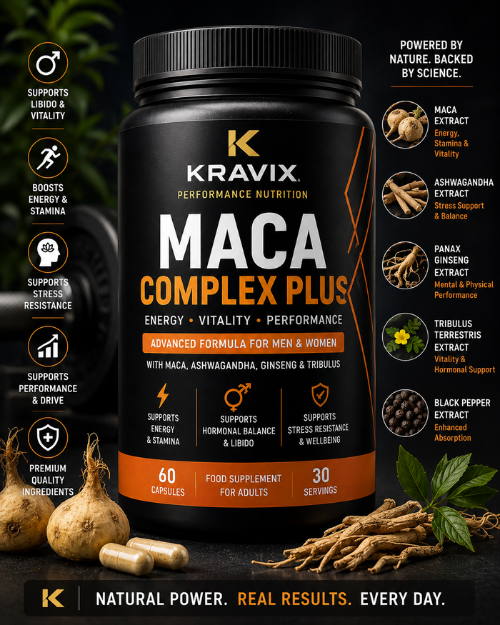 KRAVIX Maca Complex Plus supplement product packaging