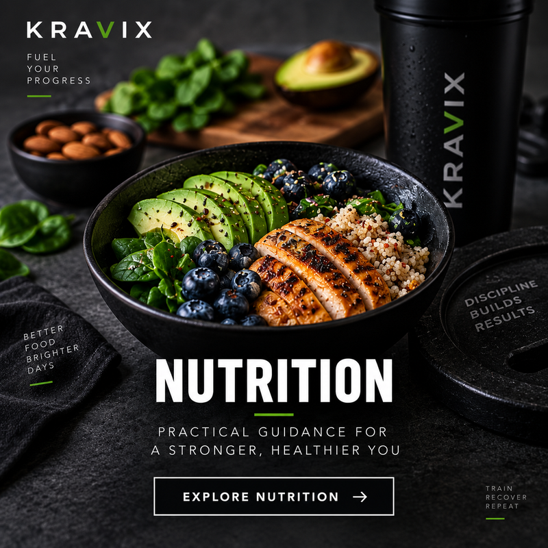 A dark promotional graphic for Kravix Nutrition featuring a black Kravix shaker bottle, a black bowl with sliced grilled chicken, avocado, blueberries, and greens, and a black lid. Large text reads 'NUTRITION' with supporting copy about practical guidance for a stronger, healthier you.