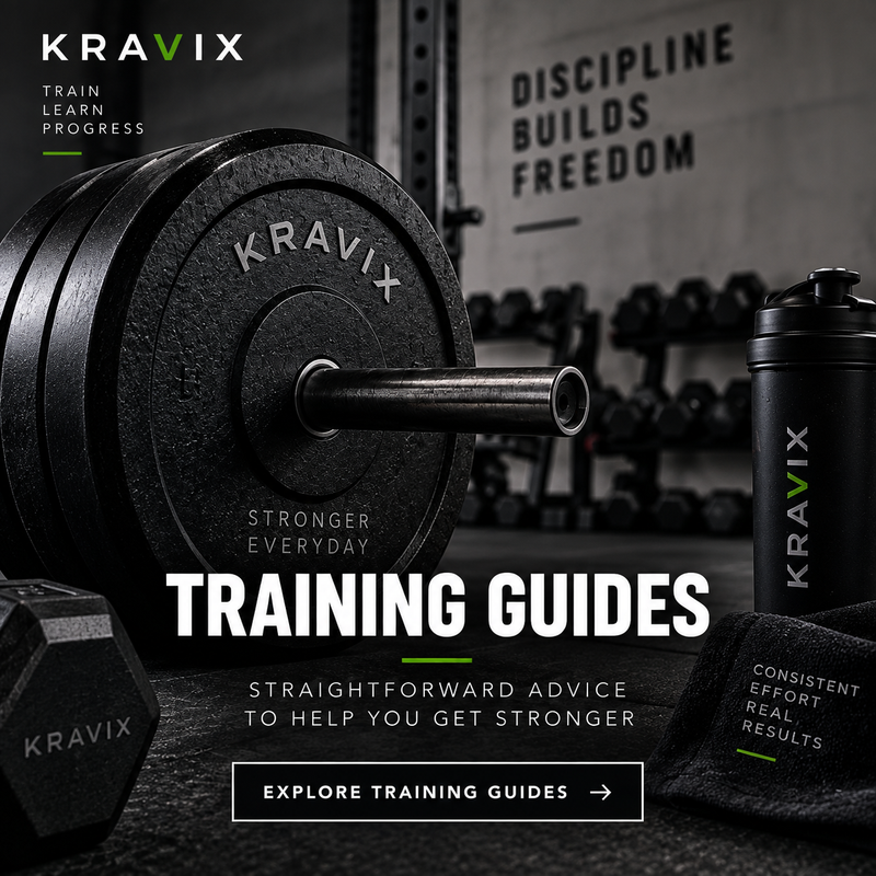 Promotional graphic for Kravix training guides in a gym setting, featuring a barbell, shaker bottle, towel, and dumbbell with the text 'TRAINING GUIDES' and 'EXPLORE TRAINING GUIDES'.