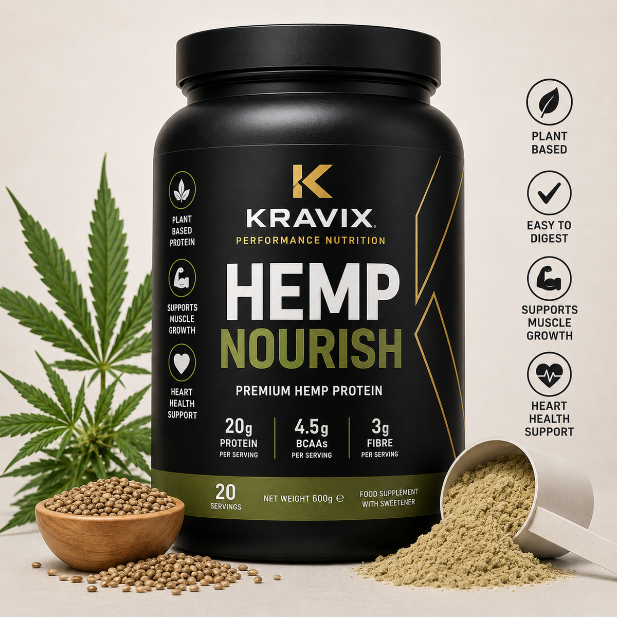 A black tub of Kravix Hemp Nourish premium hemp protein powder with a black lid, shown on a light beige background with hemp seeds, a scoop of powder, and a green hemp leaf. Text on the right highlights product benefits.