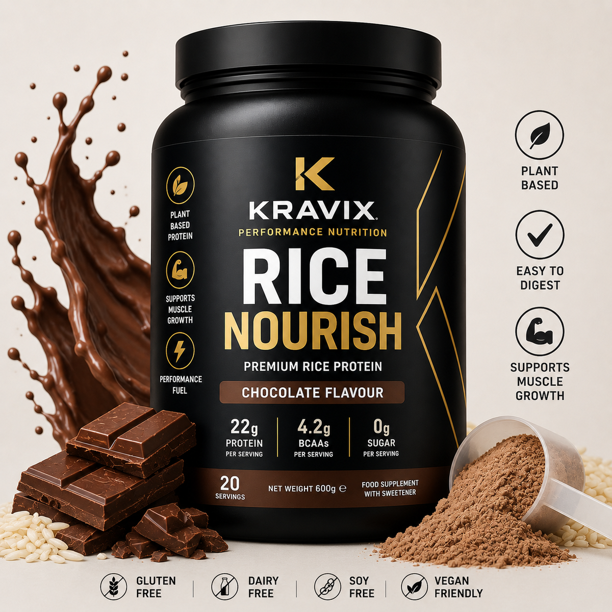 A black tub of Kravix Performance Nutrition Rice Nourish chocolate-flavour rice protein powder, shown with chocolate chunks, a scoop of powder, and chocolate splashes on a light beige background with feature icons.