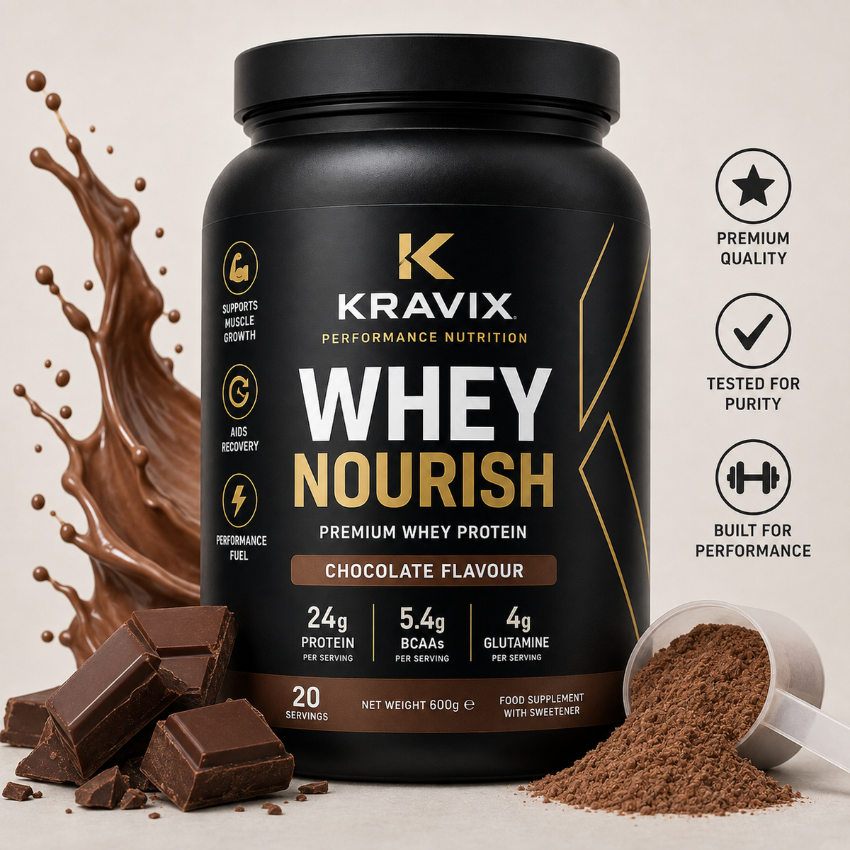 A black tub of Kravix Whey Nourish chocolate flavour protein powder on a light beige background, surrounded by chocolate splashes, broken chocolate pieces, a scoop of powder, and three quality badges on the right.