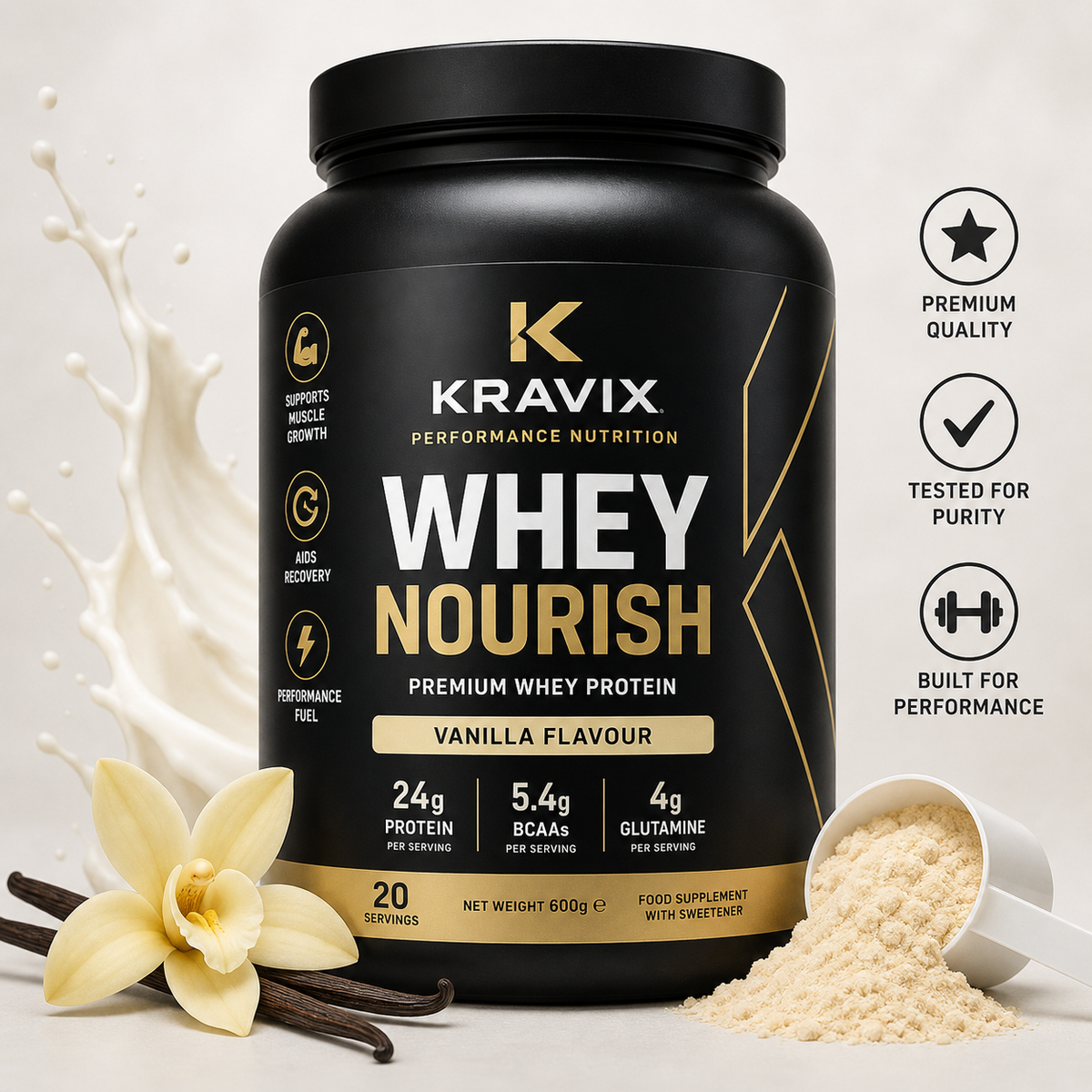 A black tub of Kravix Whey Nourish vanilla-flavour protein powder on a light neutral background, styled with vanilla flowers, vanilla beans, a splash of milk, and a scoop of powder. Three vertical icons on the right highlight premium quality, tested purity, and performance build.