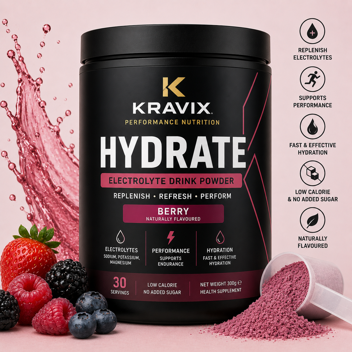 A black Kravix Hydrate electrolyte drink powder tub with berry flavor, shown on a pink background with fruit, spilled pink powder, and benefit callouts on the right.