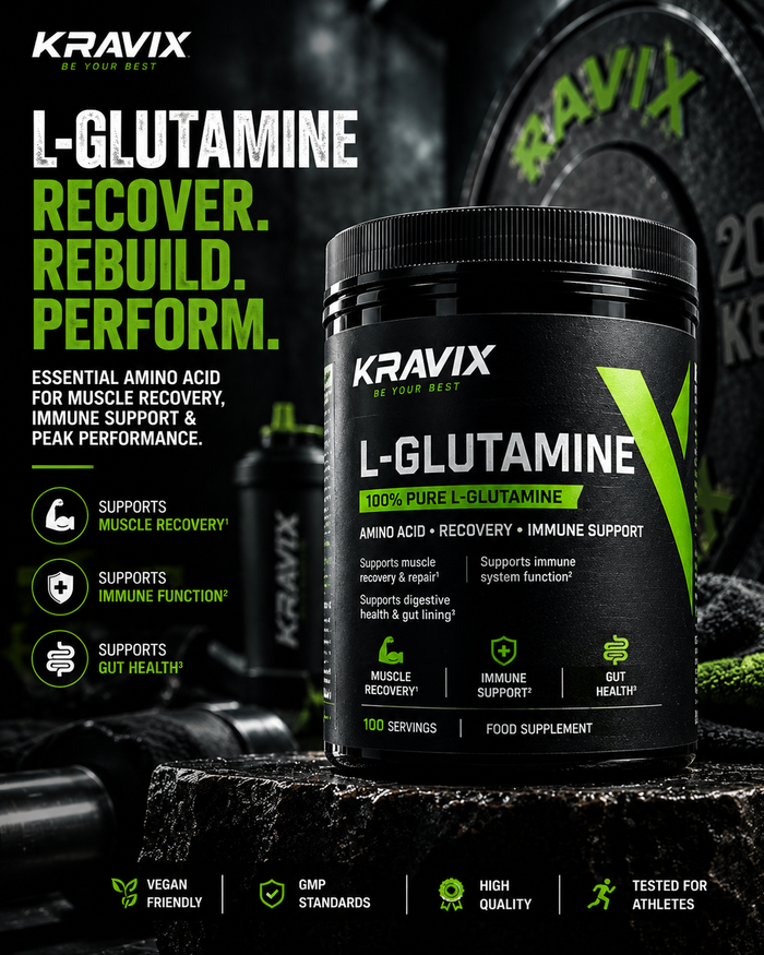 KRAVIX L-Glutamine supplement product packaging