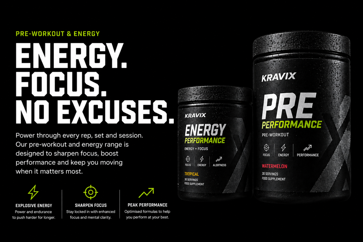 Two black Kravix pre-workout supplement tubs on a black background, with large white and green marketing text on the left. The larger tub is labeled 'PRE PERFORMANCE' and 'WATERMELON', and the smaller tub is labeled 'ENERGY PERFORMANCE' and 'TROPICAL'.